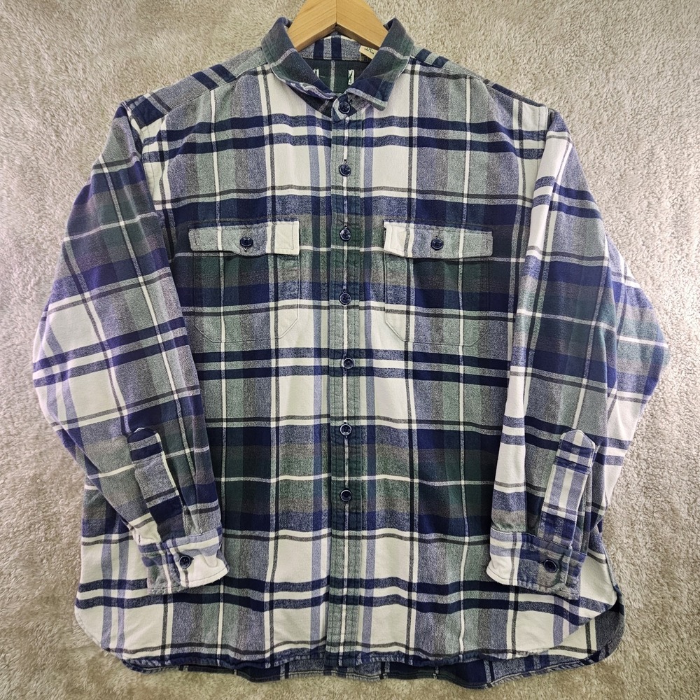 Vintage 90s L.L. Bean Flannel Shirt Mens XL Heavy Cotton Green Blue Tartan Plaid